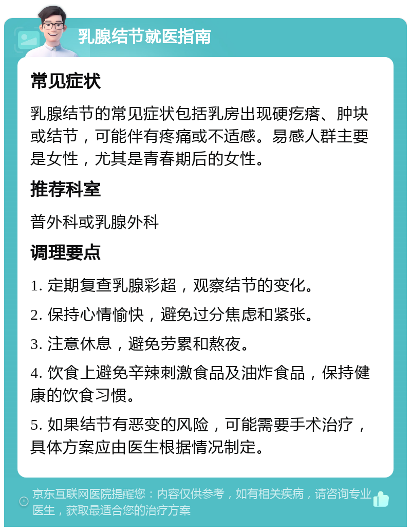 乳腺结节就医指南 常见症状 乳腺结节的常见症状包括乳房出现硬疙瘩、肿块或结节，可能伴有疼痛或不适感。易感人群主要是女性，尤其是青春期后的女性。 推荐科室 普外科或乳腺外科 调理要点 1. 定期复查乳腺彩超，观察结节的变化。 2. 保持心情愉快，避免过分焦虑和紧张。 3. 注意休息，避免劳累和熬夜。 4. 饮食上避免辛辣刺激食品及油炸食品，保持健康的饮食习惯。 5. 如果结节有恶变的风险，可能需要手术治疗，具体方案应由医生根据情况制定。