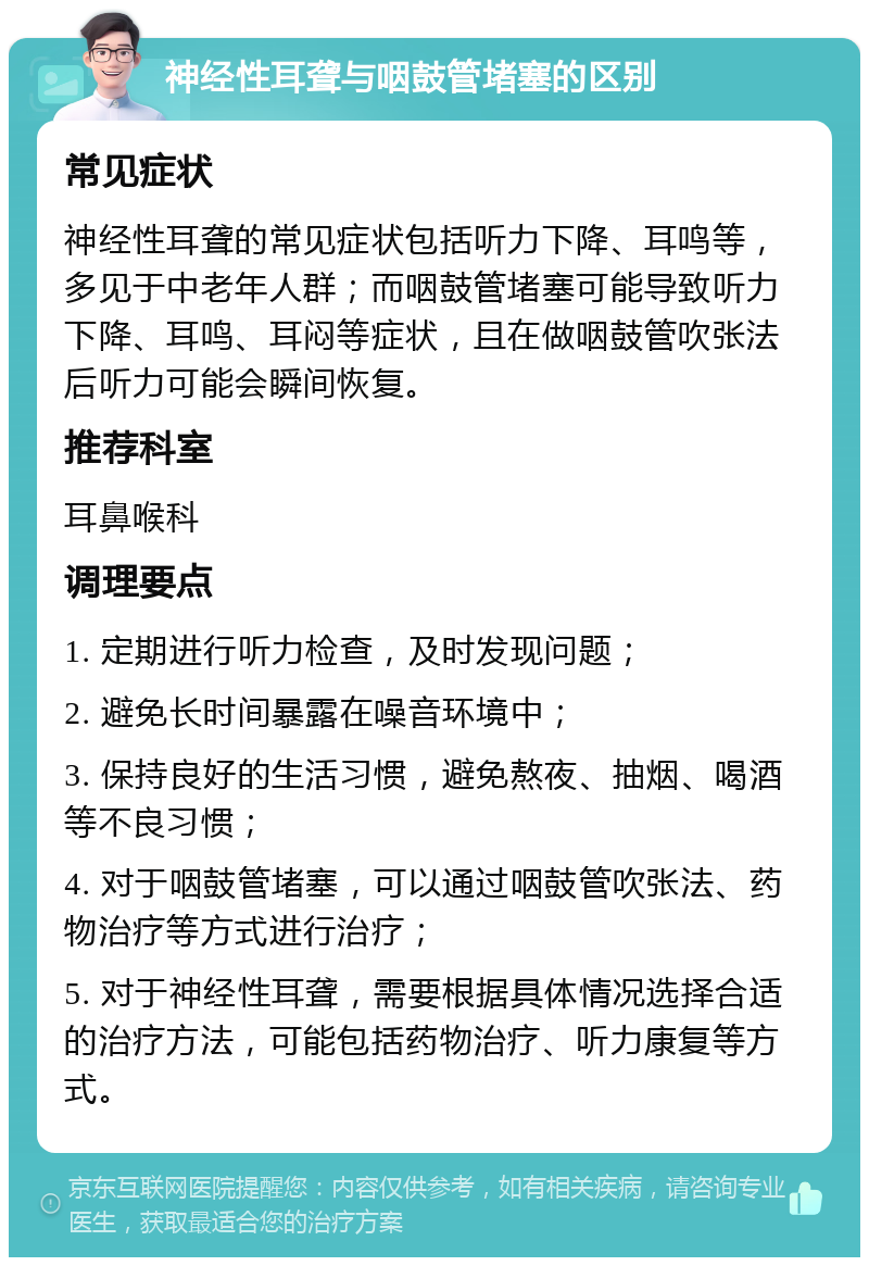 神经性耳聋与咽鼓管堵塞的区别 常见症状 神经性耳聋的常见症状包括听力下降、耳鸣等，多见于中老年人群；而咽鼓管堵塞可能导致听力下降、耳鸣、耳闷等症状，且在做咽鼓管吹张法后听力可能会瞬间恢复。 推荐科室 耳鼻喉科 调理要点 1. 定期进行听力检查，及时发现问题； 2. 避免长时间暴露在噪音环境中； 3. 保持良好的生活习惯，避免熬夜、抽烟、喝酒等不良习惯； 4. 对于咽鼓管堵塞，可以通过咽鼓管吹张法、药物治疗等方式进行治疗； 5. 对于神经性耳聋，需要根据具体情况选择合适的治疗方法，可能包括药物治疗、听力康复等方式。