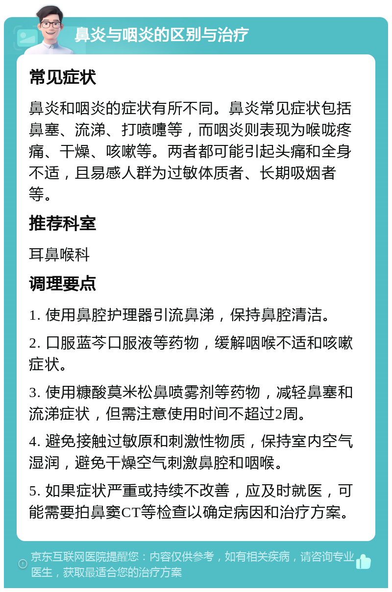 鼻炎与咽炎的区别与治疗 常见症状 鼻炎和咽炎的症状有所不同。鼻炎常见症状包括鼻塞、流涕、打喷嚏等，而咽炎则表现为喉咙疼痛、干燥、咳嗽等。两者都可能引起头痛和全身不适，且易感人群为过敏体质者、长期吸烟者等。 推荐科室 耳鼻喉科 调理要点 1. 使用鼻腔护理器引流鼻涕，保持鼻腔清洁。 2. 口服蓝芩口服液等药物，缓解咽喉不适和咳嗽症状。 3. 使用糠酸莫米松鼻喷雾剂等药物，减轻鼻塞和流涕症状，但需注意使用时间不超过2周。 4. 避免接触过敏原和刺激性物质，保持室内空气湿润，避免干燥空气刺激鼻腔和咽喉。 5. 如果症状严重或持续不改善，应及时就医，可能需要拍鼻窦CT等检查以确定病因和治疗方案。