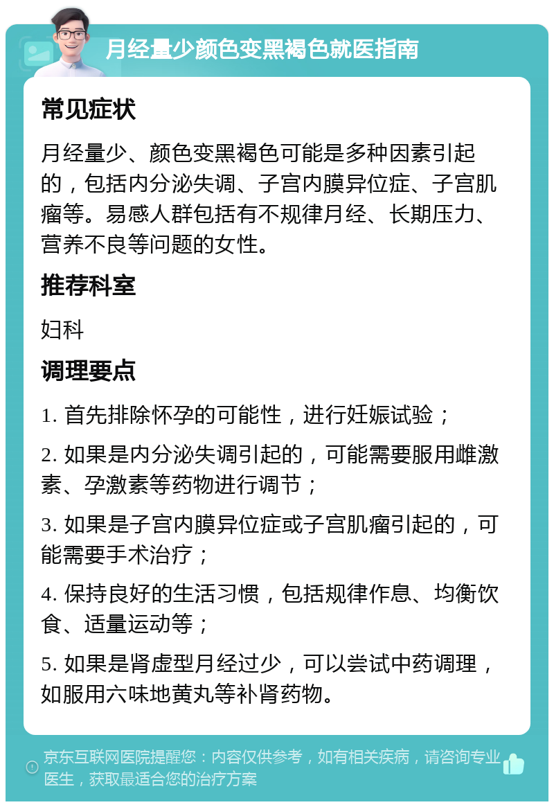 月经量少颜色变黑褐色就医指南 常见症状 月经量少、颜色变黑褐色可能是多种因素引起的，包括内分泌失调、子宫内膜异位症、子宫肌瘤等。易感人群包括有不规律月经、长期压力、营养不良等问题的女性。 推荐科室 妇科 调理要点 1. 首先排除怀孕的可能性，进行妊娠试验； 2. 如果是内分泌失调引起的，可能需要服用雌激素、孕激素等药物进行调节； 3. 如果是子宫内膜异位症或子宫肌瘤引起的，可能需要手术治疗； 4. 保持良好的生活习惯，包括规律作息、均衡饮食、适量运动等； 5. 如果是肾虚型月经过少，可以尝试中药调理，如服用六味地黄丸等补肾药物。