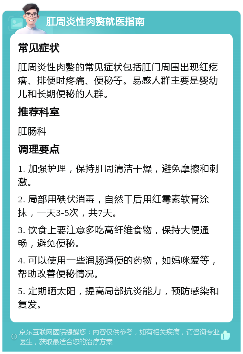 肛周炎性肉赘就医指南 常见症状 肛周炎性肉赘的常见症状包括肛门周围出现红疙瘩、排便时疼痛、便秘等。易感人群主要是婴幼儿和长期便秘的人群。 推荐科室 肛肠科 调理要点 1. 加强护理，保持肛周清洁干燥，避免摩擦和刺激。 2. 局部用碘伏消毒，自然干后用红霉素软膏涂抹，一天3-5次，共7天。 3. 饮食上要注意多吃高纤维食物，保持大便通畅，避免便秘。 4. 可以使用一些润肠通便的药物，如妈咪爱等，帮助改善便秘情况。 5. 定期晒太阳，提高局部抗炎能力，预防感染和复发。