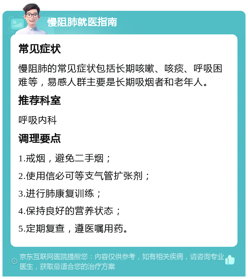 慢阻肺就医指南 常见症状 慢阻肺的常见症状包括长期咳嗽、咳痰、呼吸困难等，易感人群主要是长期吸烟者和老年人。 推荐科室 呼吸内科 调理要点 1.戒烟，避免二手烟； 2.使用信必可等支气管扩张剂； 3.进行肺康复训练； 4.保持良好的营养状态； 5.定期复查，遵医嘱用药。