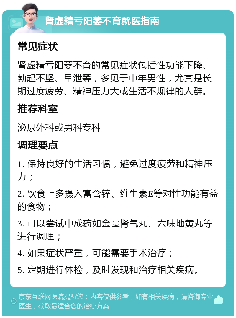 肾虚精亏阳萎不育就医指南 常见症状 肾虚精亏阳萎不育的常见症状包括性功能下降、勃起不坚、早泄等，多见于中年男性，尤其是长期过度疲劳、精神压力大或生活不规律的人群。 推荐科室 泌尿外科或男科专科 调理要点 1. 保持良好的生活习惯，避免过度疲劳和精神压力； 2. 饮食上多摄入富含锌、维生素E等对性功能有益的食物； 3. 可以尝试中成药如金匮肾气丸、六味地黄丸等进行调理； 4. 如果症状严重，可能需要手术治疗； 5. 定期进行体检，及时发现和治疗相关疾病。