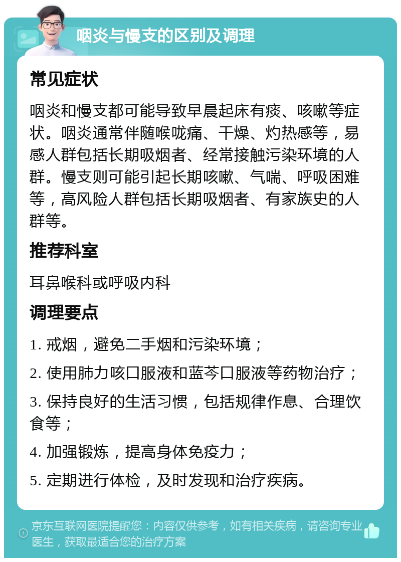 咽炎与慢支的区别及调理 常见症状 咽炎和慢支都可能导致早晨起床有痰、咳嗽等症状。咽炎通常伴随喉咙痛、干燥、灼热感等，易感人群包括长期吸烟者、经常接触污染环境的人群。慢支则可能引起长期咳嗽、气喘、呼吸困难等，高风险人群包括长期吸烟者、有家族史的人群等。 推荐科室 耳鼻喉科或呼吸内科 调理要点 1. 戒烟，避免二手烟和污染环境； 2. 使用肺力咳口服液和蓝芩口服液等药物治疗； 3. 保持良好的生活习惯，包括规律作息、合理饮食等； 4. 加强锻炼，提高身体免疫力； 5. 定期进行体检，及时发现和治疗疾病。