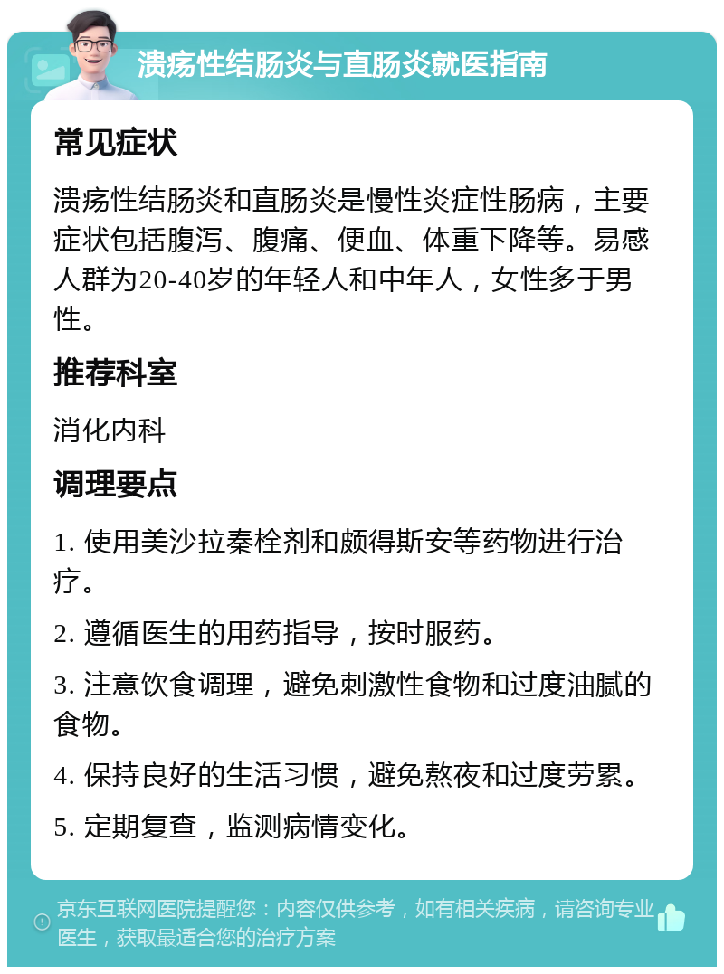 溃疡性结肠炎与直肠炎就医指南 常见症状 溃疡性结肠炎和直肠炎是慢性炎症性肠病，主要症状包括腹泻、腹痛、便血、体重下降等。易感人群为20-40岁的年轻人和中年人，女性多于男性。 推荐科室 消化内科 调理要点 1. 使用美沙拉秦栓剂和颇得斯安等药物进行治疗。 2. 遵循医生的用药指导，按时服药。 3. 注意饮食调理，避免刺激性食物和过度油腻的食物。 4. 保持良好的生活习惯，避免熬夜和过度劳累。 5. 定期复查，监测病情变化。