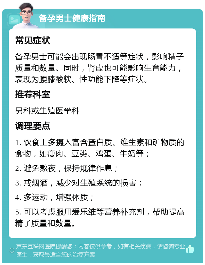 备孕男士健康指南 常见症状 备孕男士可能会出现肠胃不适等症状，影响精子质量和数量。同时，肾虚也可能影响生育能力，表现为腰膝酸软、性功能下降等症状。 推荐科室 男科或生殖医学科 调理要点 1. 饮食上多摄入富含蛋白质、维生素和矿物质的食物，如瘦肉、豆类、鸡蛋、牛奶等； 2. 避免熬夜，保持规律作息； 3. 戒烟酒，减少对生殖系统的损害； 4. 多运动，增强体质； 5. 可以考虑服用爱乐维等营养补充剂，帮助提高精子质量和数量。