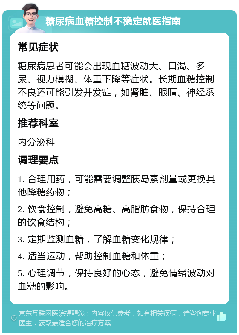 糖尿病血糖控制不稳定就医指南 常见症状 糖尿病患者可能会出现血糖波动大、口渴、多尿、视力模糊、体重下降等症状。长期血糖控制不良还可能引发并发症，如肾脏、眼睛、神经系统等问题。 推荐科室 内分泌科 调理要点 1. 合理用药，可能需要调整胰岛素剂量或更换其他降糖药物； 2. 饮食控制，避免高糖、高脂肪食物，保持合理的饮食结构； 3. 定期监测血糖，了解血糖变化规律； 4. 适当运动，帮助控制血糖和体重； 5. 心理调节，保持良好的心态，避免情绪波动对血糖的影响。