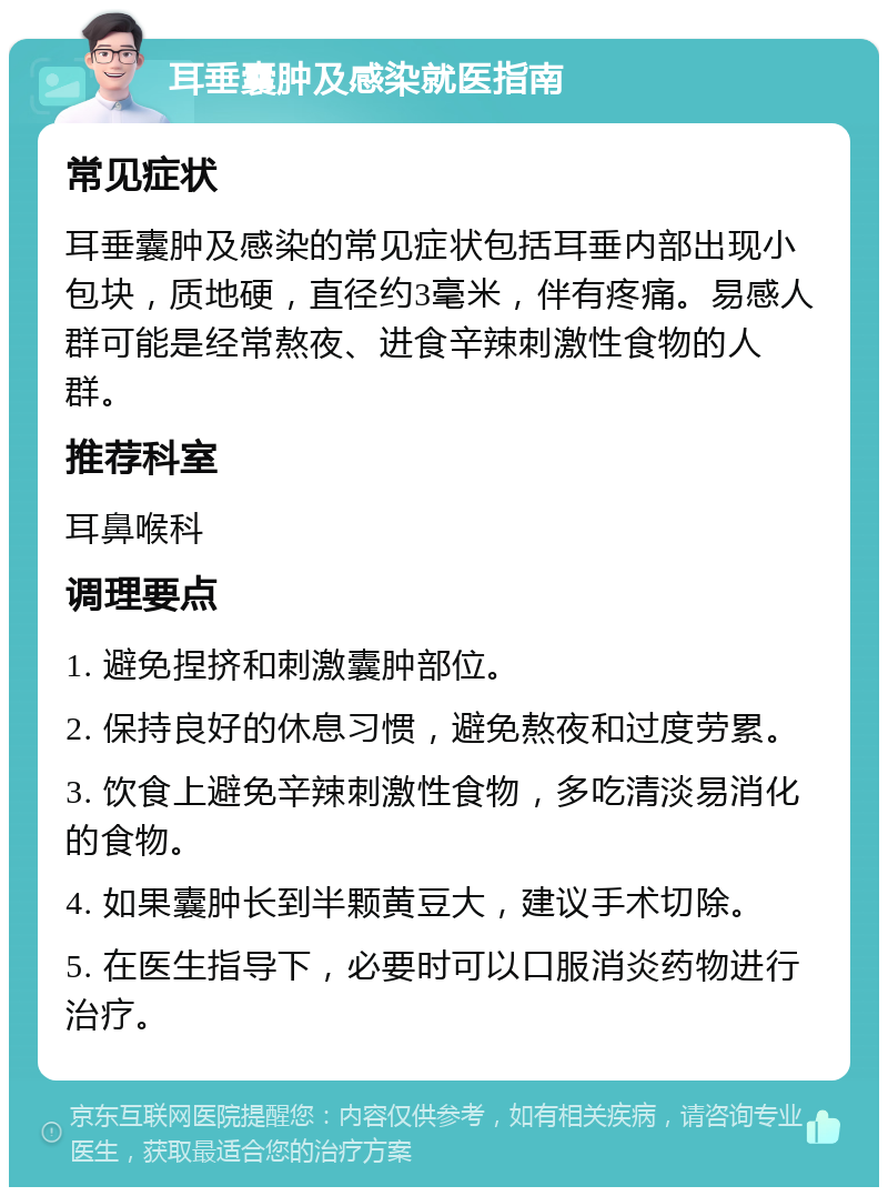 耳垂囊肿及感染就医指南 常见症状 耳垂囊肿及感染的常见症状包括耳垂内部出现小包块，质地硬，直径约3毫米，伴有疼痛。易感人群可能是经常熬夜、进食辛辣刺激性食物的人群。 推荐科室 耳鼻喉科 调理要点 1. 避免捏挤和刺激囊肿部位。 2. 保持良好的休息习惯，避免熬夜和过度劳累。 3. 饮食上避免辛辣刺激性食物，多吃清淡易消化的食物。 4. 如果囊肿长到半颗黄豆大，建议手术切除。 5. 在医生指导下，必要时可以口服消炎药物进行治疗。