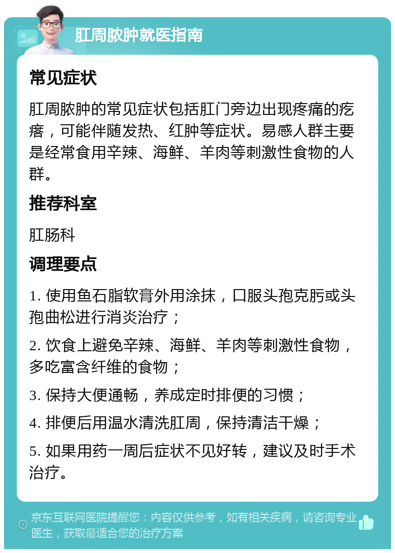 肛周脓肿就医指南 常见症状 肛周脓肿的常见症状包括肛门旁边出现疼痛的疙瘩，可能伴随发热、红肿等症状。易感人群主要是经常食用辛辣、海鲜、羊肉等刺激性食物的人群。 推荐科室 肛肠科 调理要点 1. 使用鱼石脂软膏外用涂抹，口服头孢克肟或头孢曲松进行消炎治疗； 2. 饮食上避免辛辣、海鲜、羊肉等刺激性食物，多吃富含纤维的食物； 3. 保持大便通畅，养成定时排便的习惯； 4. 排便后用温水清洗肛周，保持清洁干燥； 5. 如果用药一周后症状不见好转，建议及时手术治疗。