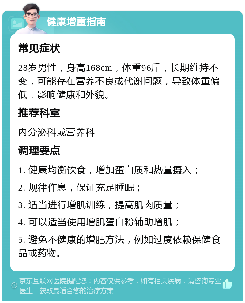 健康增重指南 常见症状 28岁男性，身高168cm，体重96斤，长期维持不变，可能存在营养不良或代谢问题，导致体重偏低，影响健康和外貌。 推荐科室 内分泌科或营养科 调理要点 1. 健康均衡饮食，增加蛋白质和热量摄入； 2. 规律作息，保证充足睡眠； 3. 适当进行增肌训练，提高肌肉质量； 4. 可以适当使用增肌蛋白粉辅助增肌； 5. 避免不健康的增肥方法，例如过度依赖保健食品或药物。