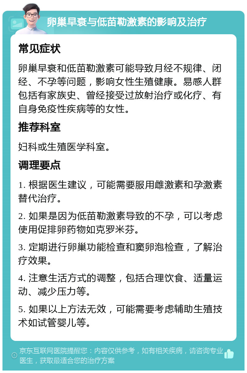 卵巢早衰与低苗勒激素的影响及治疗 常见症状 卵巢早衰和低苗勒激素可能导致月经不规律、闭经、不孕等问题，影响女性生殖健康。易感人群包括有家族史、曾经接受过放射治疗或化疗、有自身免疫性疾病等的女性。 推荐科室 妇科或生殖医学科室。 调理要点 1. 根据医生建议，可能需要服用雌激素和孕激素替代治疗。 2. 如果是因为低苗勒激素导致的不孕，可以考虑使用促排卵药物如克罗米芬。 3. 定期进行卵巢功能检查和窦卵泡检查，了解治疗效果。 4. 注意生活方式的调整，包括合理饮食、适量运动、减少压力等。 5. 如果以上方法无效，可能需要考虑辅助生殖技术如试管婴儿等。