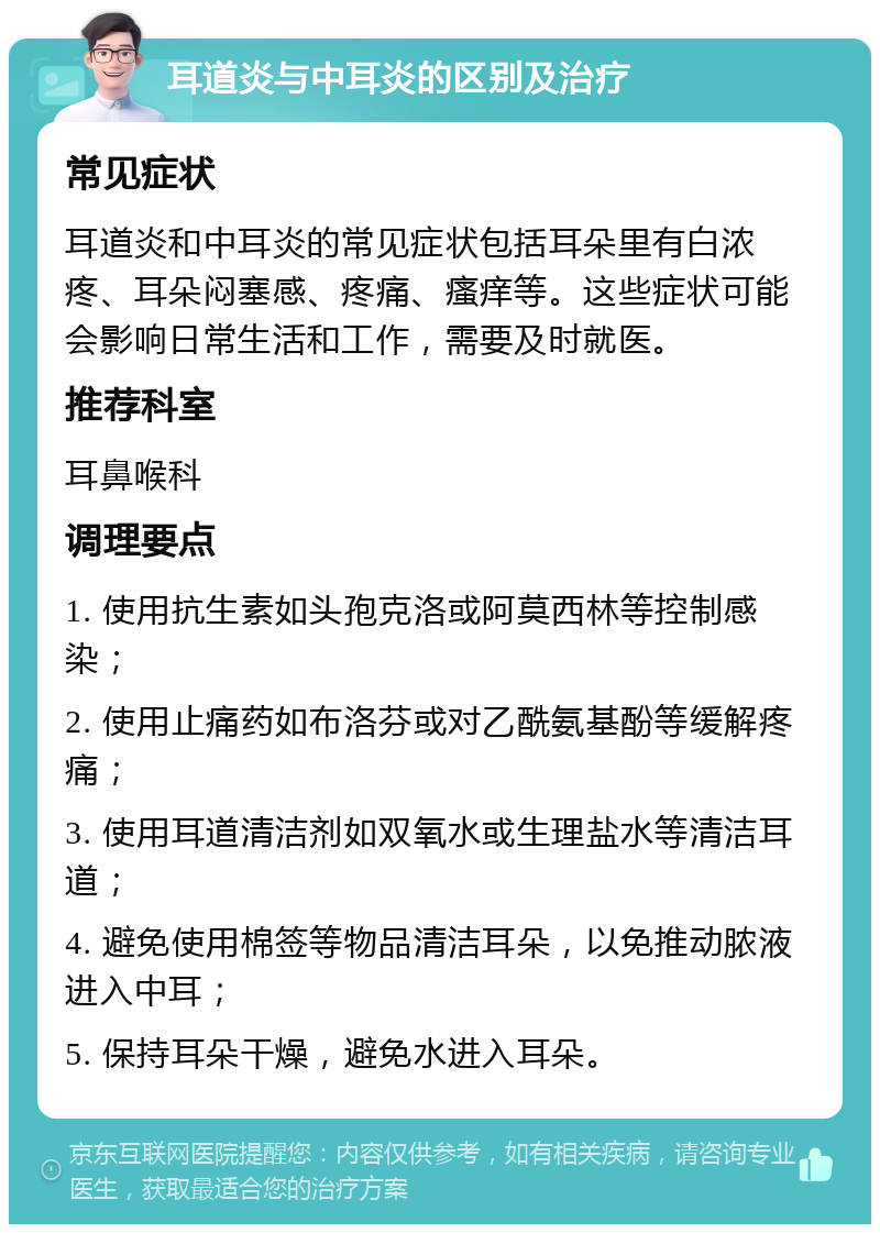 耳道炎与中耳炎的区别及治疗 常见症状 耳道炎和中耳炎的常见症状包括耳朵里有白浓疼、耳朵闷塞感、疼痛、瘙痒等。这些症状可能会影响日常生活和工作，需要及时就医。 推荐科室 耳鼻喉科 调理要点 1. 使用抗生素如头孢克洛或阿莫西林等控制感染； 2. 使用止痛药如布洛芬或对乙酰氨基酚等缓解疼痛； 3. 使用耳道清洁剂如双氧水或生理盐水等清洁耳道； 4. 避免使用棉签等物品清洁耳朵，以免推动脓液进入中耳； 5. 保持耳朵干燥，避免水进入耳朵。