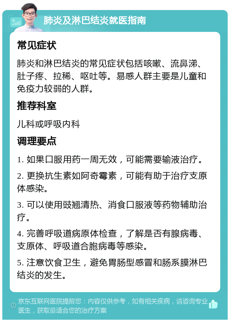 肺炎及淋巴结炎就医指南 常见症状 肺炎和淋巴结炎的常见症状包括咳嗽、流鼻涕、肚子疼、拉稀、呕吐等。易感人群主要是儿童和免疫力较弱的人群。 推荐科室 儿科或呼吸内科 调理要点 1. 如果口服用药一周无效，可能需要输液治疗。 2. 更换抗生素如阿奇霉素，可能有助于治疗支原体感染。 3. 可以使用豉翘清热、消食口服液等药物辅助治疗。 4. 完善呼吸道病原体检查，了解是否有腺病毒、支原体、呼吸道合胞病毒等感染。 5. 注意饮食卫生，避免胃肠型感冒和肠系膜淋巴结炎的发生。