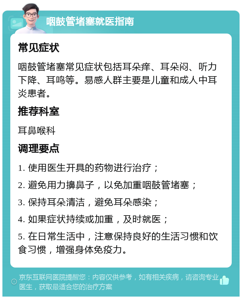 咽鼓管堵塞就医指南 常见症状 咽鼓管堵塞常见症状包括耳朵痒、耳朵闷、听力下降、耳鸣等。易感人群主要是儿童和成人中耳炎患者。 推荐科室 耳鼻喉科 调理要点 1. 使用医生开具的药物进行治疗； 2. 避免用力擤鼻子，以免加重咽鼓管堵塞； 3. 保持耳朵清洁，避免耳朵感染； 4. 如果症状持续或加重，及时就医； 5. 在日常生活中，注意保持良好的生活习惯和饮食习惯，增强身体免疫力。