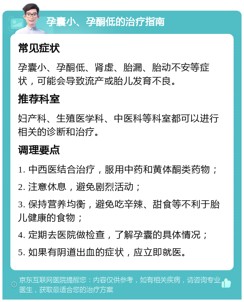 孕囊小、孕酮低的治疗指南 常见症状 孕囊小、孕酮低、肾虚、胎漏、胎动不安等症状，可能会导致流产或胎儿发育不良。 推荐科室 妇产科、生殖医学科、中医科等科室都可以进行相关的诊断和治疗。 调理要点 1. 中西医结合治疗，服用中药和黄体酮类药物； 2. 注意休息，避免剧烈活动； 3. 保持营养均衡，避免吃辛辣、甜食等不利于胎儿健康的食物； 4. 定期去医院做检查，了解孕囊的具体情况； 5. 如果有阴道出血的症状，应立即就医。