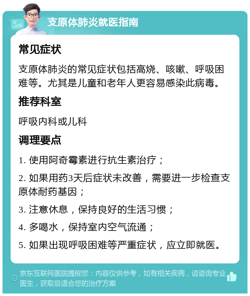 支原体肺炎就医指南 常见症状 支原体肺炎的常见症状包括高烧、咳嗽、呼吸困难等。尤其是儿童和老年人更容易感染此病毒。 推荐科室 呼吸内科或儿科 调理要点 1. 使用阿奇霉素进行抗生素治疗； 2. 如果用药3天后症状未改善，需要进一步检查支原体耐药基因； 3. 注意休息，保持良好的生活习惯； 4. 多喝水，保持室内空气流通； 5. 如果出现呼吸困难等严重症状，应立即就医。