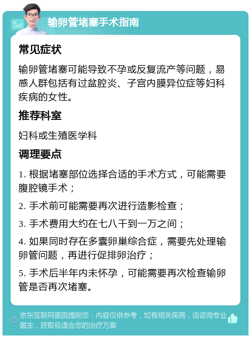 输卵管堵塞手术指南 常见症状 输卵管堵塞可能导致不孕或反复流产等问题，易感人群包括有过盆腔炎、子宫内膜异位症等妇科疾病的女性。 推荐科室 妇科或生殖医学科 调理要点 1. 根据堵塞部位选择合适的手术方式，可能需要腹腔镜手术； 2. 手术前可能需要再次进行造影检查； 3. 手术费用大约在七八千到一万之间； 4. 如果同时存在多囊卵巢综合症，需要先处理输卵管问题，再进行促排卵治疗； 5. 手术后半年内未怀孕，可能需要再次检查输卵管是否再次堵塞。