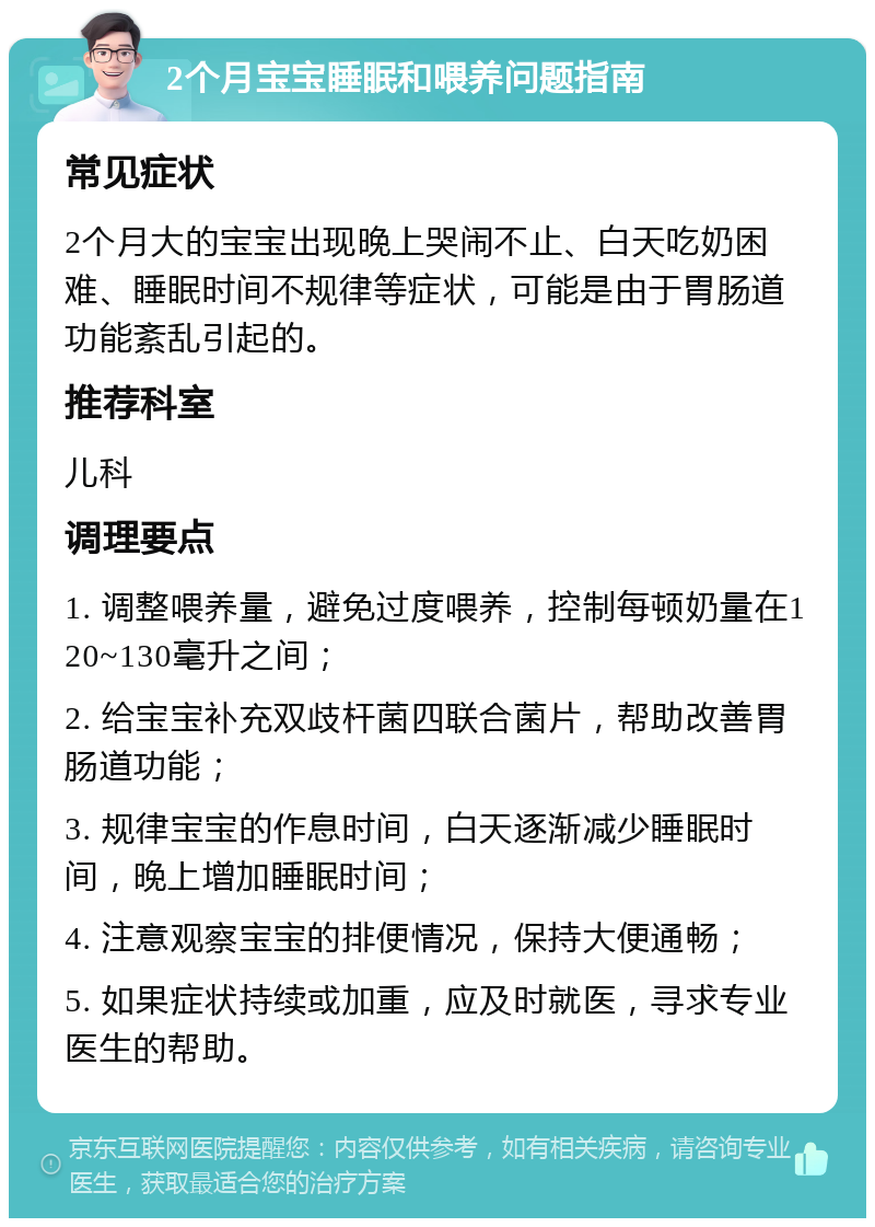 2个月宝宝睡眠和喂养问题指南 常见症状 2个月大的宝宝出现晚上哭闹不止、白天吃奶困难、睡眠时间不规律等症状，可能是由于胃肠道功能紊乱引起的。 推荐科室 儿科 调理要点 1. 调整喂养量，避免过度喂养，控制每顿奶量在120~130毫升之间； 2. 给宝宝补充双歧杆菌四联合菌片，帮助改善胃肠道功能； 3. 规律宝宝的作息时间，白天逐渐减少睡眠时间，晚上增加睡眠时间； 4. 注意观察宝宝的排便情况，保持大便通畅； 5. 如果症状持续或加重，应及时就医，寻求专业医生的帮助。