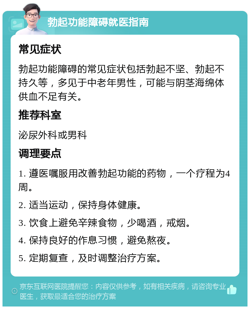 勃起功能障碍就医指南 常见症状 勃起功能障碍的常见症状包括勃起不坚、勃起不持久等，多见于中老年男性，可能与阴茎海绵体供血不足有关。 推荐科室 泌尿外科或男科 调理要点 1. 遵医嘱服用改善勃起功能的药物，一个疗程为4周。 2. 适当运动，保持身体健康。 3. 饮食上避免辛辣食物，少喝酒，戒烟。 4. 保持良好的作息习惯，避免熬夜。 5. 定期复查，及时调整治疗方案。