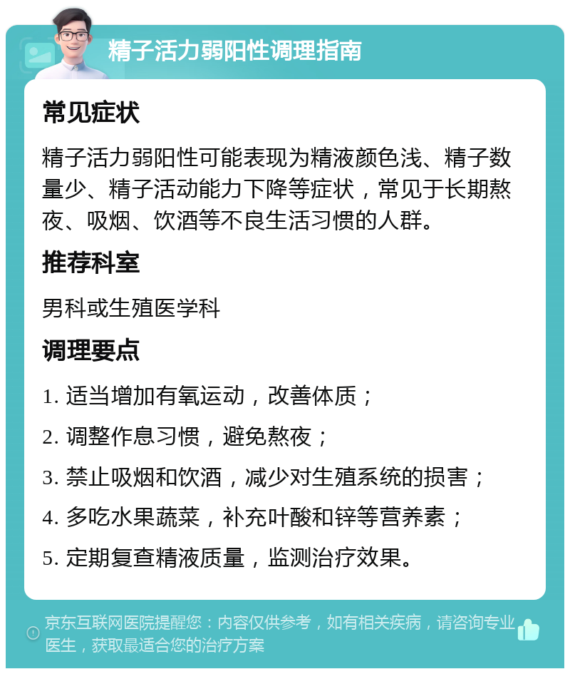 精子活力弱阳性调理指南 常见症状 精子活力弱阳性可能表现为精液颜色浅、精子数量少、精子活动能力下降等症状，常见于长期熬夜、吸烟、饮酒等不良生活习惯的人群。 推荐科室 男科或生殖医学科 调理要点 1. 适当增加有氧运动，改善体质； 2. 调整作息习惯，避免熬夜； 3. 禁止吸烟和饮酒，减少对生殖系统的损害； 4. 多吃水果蔬菜，补充叶酸和锌等营养素； 5. 定期复查精液质量，监测治疗效果。