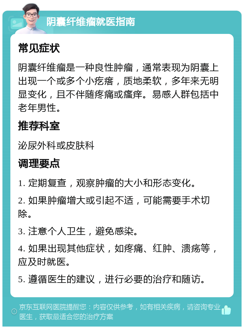 阴囊纤维瘤就医指南 常见症状 阴囊纤维瘤是一种良性肿瘤，通常表现为阴囊上出现一个或多个小疙瘩，质地柔软，多年来无明显变化，且不伴随疼痛或瘙痒。易感人群包括中老年男性。 推荐科室 泌尿外科或皮肤科 调理要点 1. 定期复查，观察肿瘤的大小和形态变化。 2. 如果肿瘤增大或引起不适，可能需要手术切除。 3. 注意个人卫生，避免感染。 4. 如果出现其他症状，如疼痛、红肿、溃疡等，应及时就医。 5. 遵循医生的建议，进行必要的治疗和随访。