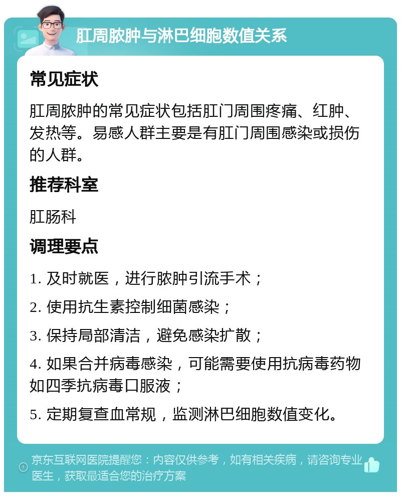 肛周脓肿与淋巴细胞数值关系 常见症状 肛周脓肿的常见症状包括肛门周围疼痛、红肿、发热等。易感人群主要是有肛门周围感染或损伤的人群。 推荐科室 肛肠科 调理要点 1. 及时就医，进行脓肿引流手术； 2. 使用抗生素控制细菌感染； 3. 保持局部清洁，避免感染扩散； 4. 如果合并病毒感染，可能需要使用抗病毒药物如四季抗病毒口服液； 5. 定期复查血常规，监测淋巴细胞数值变化。