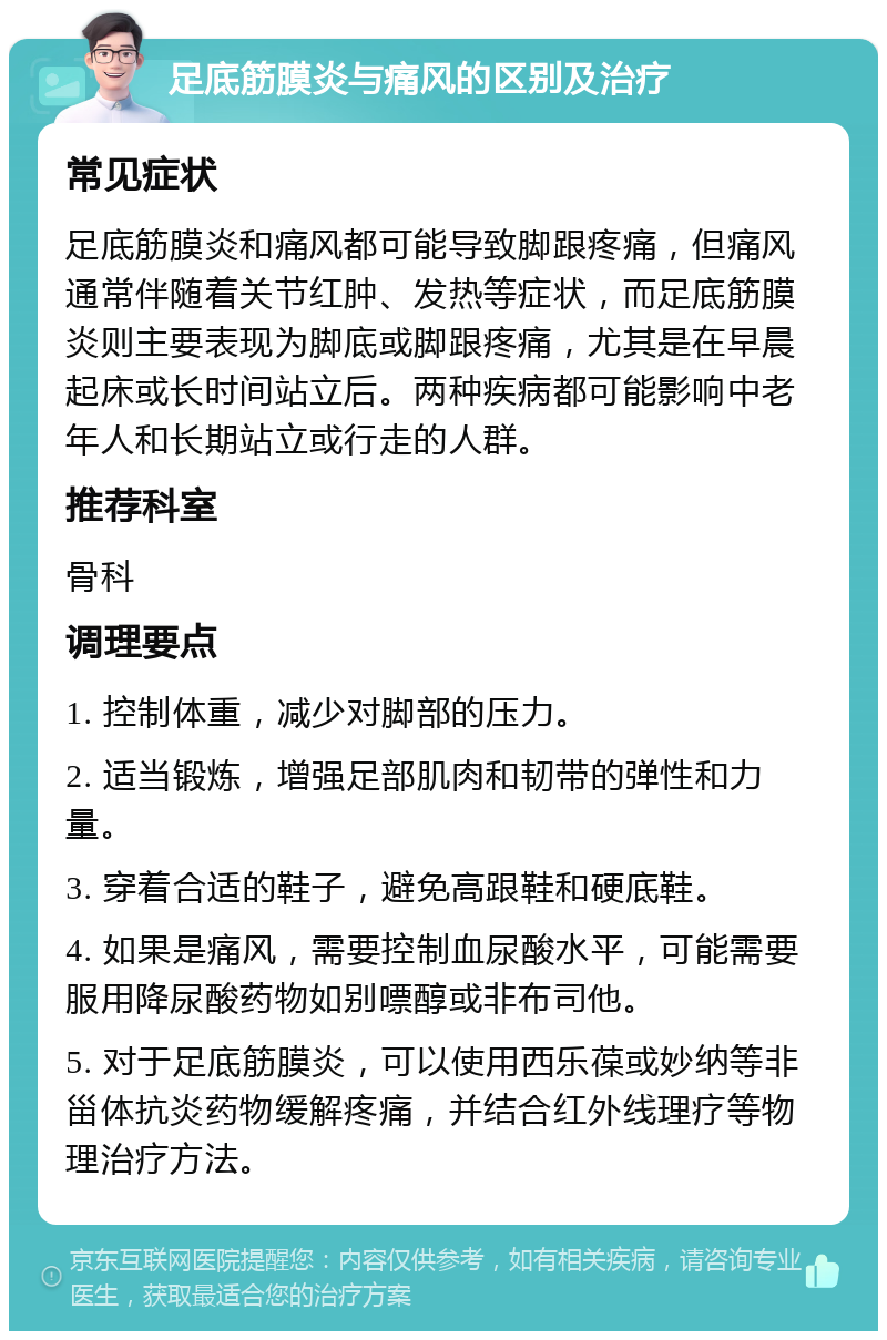 足底筋膜炎与痛风的区别及治疗 常见症状 足底筋膜炎和痛风都可能导致脚跟疼痛，但痛风通常伴随着关节红肿、发热等症状，而足底筋膜炎则主要表现为脚底或脚跟疼痛，尤其是在早晨起床或长时间站立后。两种疾病都可能影响中老年人和长期站立或行走的人群。 推荐科室 骨科 调理要点 1. 控制体重，减少对脚部的压力。 2. 适当锻炼，增强足部肌肉和韧带的弹性和力量。 3. 穿着合适的鞋子，避免高跟鞋和硬底鞋。 4. 如果是痛风，需要控制血尿酸水平，可能需要服用降尿酸药物如别嘌醇或非布司他。 5. 对于足底筋膜炎，可以使用西乐葆或妙纳等非甾体抗炎药物缓解疼痛，并结合红外线理疗等物理治疗方法。