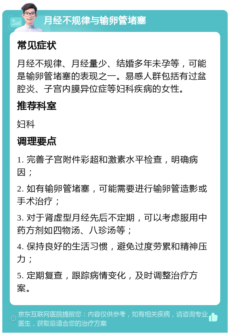 月经不规律与输卵管堵塞 常见症状 月经不规律、月经量少、结婚多年未孕等，可能是输卵管堵塞的表现之一。易感人群包括有过盆腔炎、子宫内膜异位症等妇科疾病的女性。 推荐科室 妇科 调理要点 1. 完善子宫附件彩超和激素水平检查，明确病因； 2. 如有输卵管堵塞，可能需要进行输卵管造影或手术治疗； 3. 对于肾虚型月经先后不定期，可以考虑服用中药方剂如四物汤、八珍汤等； 4. 保持良好的生活习惯，避免过度劳累和精神压力； 5. 定期复查，跟踪病情变化，及时调整治疗方案。