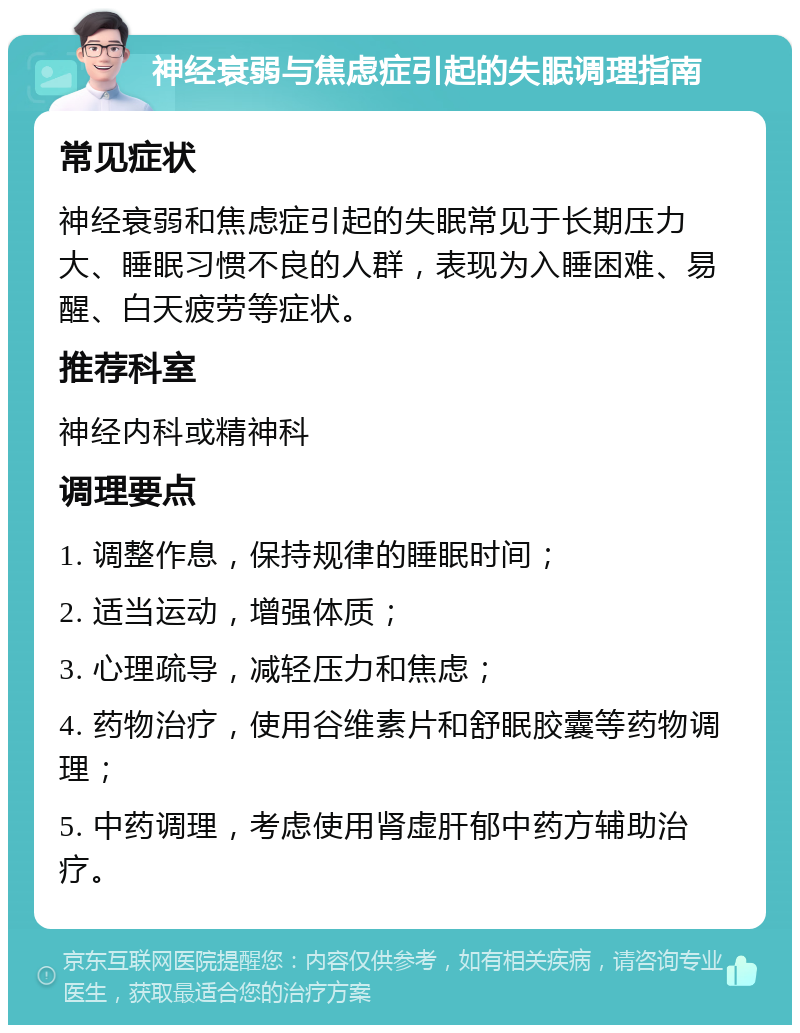 神经衰弱与焦虑症引起的失眠调理指南 常见症状 神经衰弱和焦虑症引起的失眠常见于长期压力大、睡眠习惯不良的人群，表现为入睡困难、易醒、白天疲劳等症状。 推荐科室 神经内科或精神科 调理要点 1. 调整作息，保持规律的睡眠时间； 2. 适当运动，增强体质； 3. 心理疏导，减轻压力和焦虑； 4. 药物治疗，使用谷维素片和舒眠胶囊等药物调理； 5. 中药调理，考虑使用肾虚肝郁中药方辅助治疗。