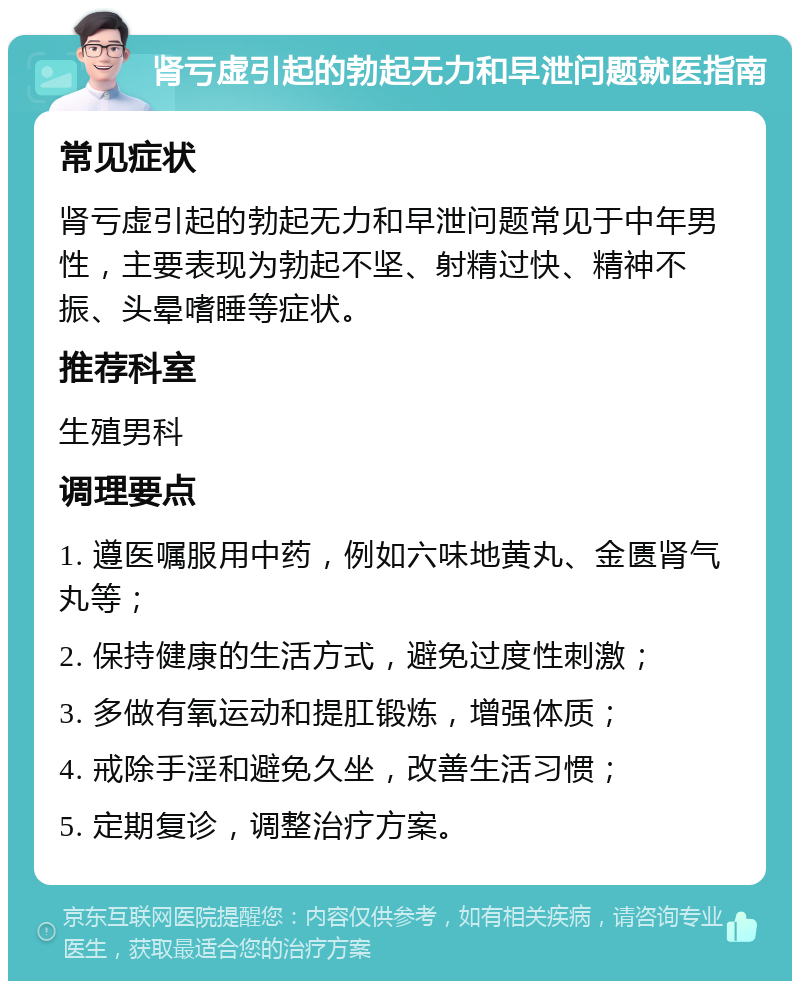 肾亏虚引起的勃起无力和早泄问题就医指南 常见症状 肾亏虚引起的勃起无力和早泄问题常见于中年男性，主要表现为勃起不坚、射精过快、精神不振、头晕嗜睡等症状。 推荐科室 生殖男科 调理要点 1. 遵医嘱服用中药，例如六味地黄丸、金匮肾气丸等； 2. 保持健康的生活方式，避免过度性刺激； 3. 多做有氧运动和提肛锻炼，增强体质； 4. 戒除手淫和避免久坐，改善生活习惯； 5. 定期复诊，调整治疗方案。