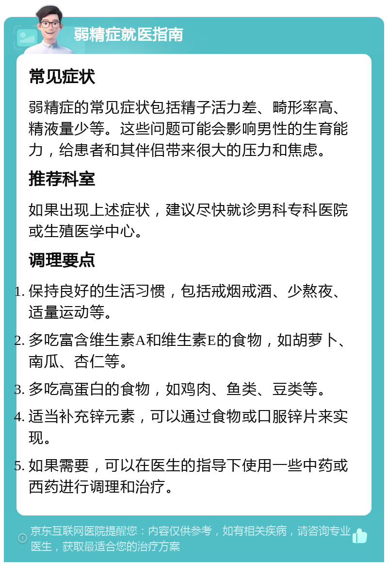 弱精症就医指南 常见症状 弱精症的常见症状包括精子活力差、畸形率高、精液量少等。这些问题可能会影响男性的生育能力，给患者和其伴侣带来很大的压力和焦虑。 推荐科室 如果出现上述症状，建议尽快就诊男科专科医院或生殖医学中心。 调理要点 保持良好的生活习惯，包括戒烟戒酒、少熬夜、适量运动等。 多吃富含维生素A和维生素E的食物，如胡萝卜、南瓜、杏仁等。 多吃高蛋白的食物，如鸡肉、鱼类、豆类等。 适当补充锌元素，可以通过食物或口服锌片来实现。 如果需要，可以在医生的指导下使用一些中药或西药进行调理和治疗。