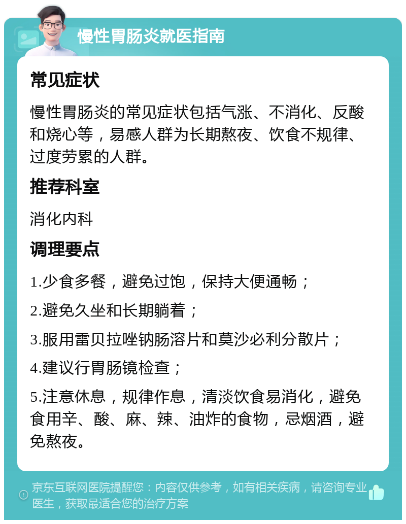 慢性胃肠炎就医指南 常见症状 慢性胃肠炎的常见症状包括气涨、不消化、反酸和烧心等，易感人群为长期熬夜、饮食不规律、过度劳累的人群。 推荐科室 消化内科 调理要点 1.少食多餐，避免过饱，保持大便通畅； 2.避免久坐和长期躺着； 3.服用雷贝拉唑钠肠溶片和莫沙必利分散片； 4.建议行胃肠镜检查； 5.注意休息，规律作息，清淡饮食易消化，避免食用辛、酸、麻、辣、油炸的食物，忌烟酒，避免熬夜。