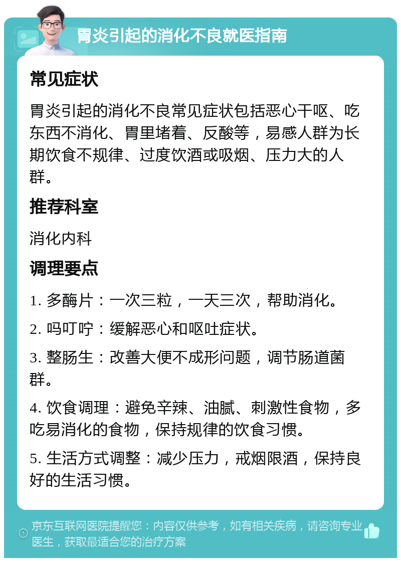 胃炎引起的消化不良就医指南 常见症状 胃炎引起的消化不良常见症状包括恶心干呕、吃东西不消化、胃里堵着、反酸等，易感人群为长期饮食不规律、过度饮酒或吸烟、压力大的人群。 推荐科室 消化内科 调理要点 1. 多酶片：一次三粒，一天三次，帮助消化。 2. 吗叮咛：缓解恶心和呕吐症状。 3. 整肠生：改善大便不成形问题，调节肠道菌群。 4. 饮食调理：避免辛辣、油腻、刺激性食物，多吃易消化的食物，保持规律的饮食习惯。 5. 生活方式调整：减少压力，戒烟限酒，保持良好的生活习惯。