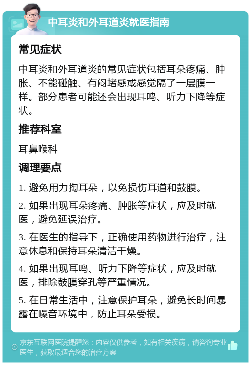 中耳炎和外耳道炎就医指南 常见症状 中耳炎和外耳道炎的常见症状包括耳朵疼痛、肿胀、不能碰触、有闷堵感或感觉隔了一层膜一样。部分患者可能还会出现耳鸣、听力下降等症状。 推荐科室 耳鼻喉科 调理要点 1. 避免用力掏耳朵，以免损伤耳道和鼓膜。 2. 如果出现耳朵疼痛、肿胀等症状，应及时就医，避免延误治疗。 3. 在医生的指导下，正确使用药物进行治疗，注意休息和保持耳朵清洁干燥。 4. 如果出现耳鸣、听力下降等症状，应及时就医，排除鼓膜穿孔等严重情况。 5. 在日常生活中，注意保护耳朵，避免长时间暴露在噪音环境中，防止耳朵受损。