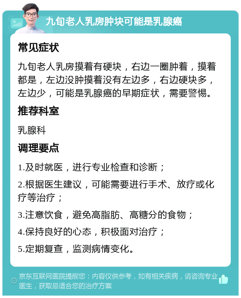 九旬老人乳房肿块可能是乳腺癌 常见症状 九旬老人乳房摸着有硬块，右边一圈肿着，摸着都是，左边没肿摸着没有左边多，右边硬块多，左边少，可能是乳腺癌的早期症状，需要警惕。 推荐科室 乳腺科 调理要点 1.及时就医，进行专业检查和诊断； 2.根据医生建议，可能需要进行手术、放疗或化疗等治疗； 3.注意饮食，避免高脂肪、高糖分的食物； 4.保持良好的心态，积极面对治疗； 5.定期复查，监测病情变化。