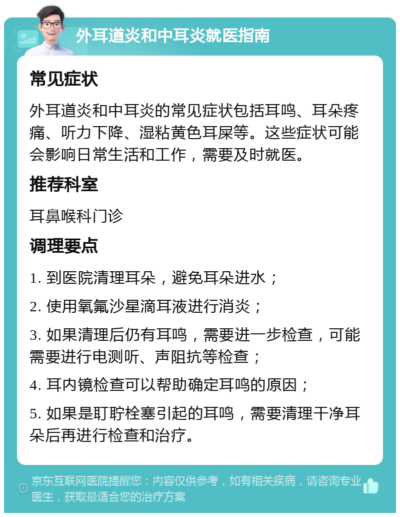 外耳道炎和中耳炎就医指南 常见症状 外耳道炎和中耳炎的常见症状包括耳鸣、耳朵疼痛、听力下降、湿粘黄色耳屎等。这些症状可能会影响日常生活和工作，需要及时就医。 推荐科室 耳鼻喉科门诊 调理要点 1. 到医院清理耳朵，避免耳朵进水； 2. 使用氧氟沙星滴耳液进行消炎； 3. 如果清理后仍有耳鸣，需要进一步检查，可能需要进行电测听、声阻抗等检查； 4. 耳内镜检查可以帮助确定耳鸣的原因； 5. 如果是耵聍栓塞引起的耳鸣，需要清理干净耳朵后再进行检查和治疗。