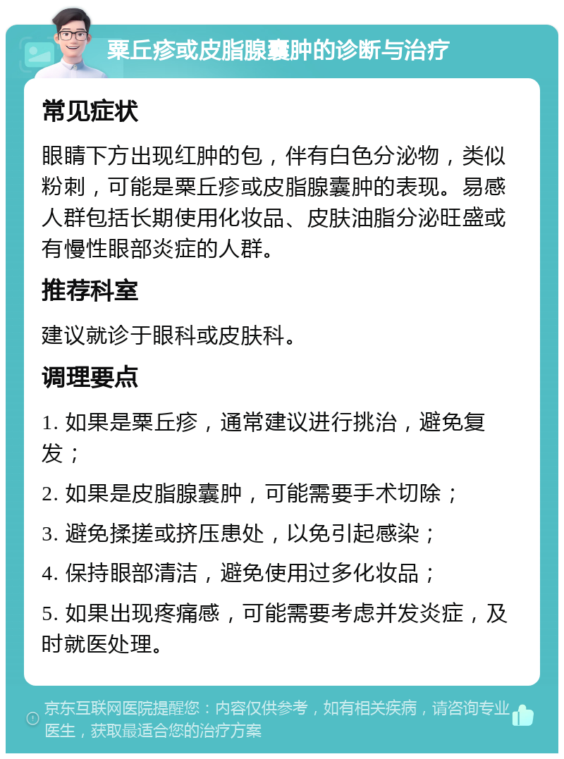 粟丘疹或皮脂腺囊肿的诊断与治疗 常见症状 眼睛下方出现红肿的包，伴有白色分泌物，类似粉刺，可能是粟丘疹或皮脂腺囊肿的表现。易感人群包括长期使用化妆品、皮肤油脂分泌旺盛或有慢性眼部炎症的人群。 推荐科室 建议就诊于眼科或皮肤科。 调理要点 1. 如果是粟丘疹，通常建议进行挑治，避免复发； 2. 如果是皮脂腺囊肿，可能需要手术切除； 3. 避免揉搓或挤压患处，以免引起感染； 4. 保持眼部清洁，避免使用过多化妆品； 5. 如果出现疼痛感，可能需要考虑并发炎症，及时就医处理。