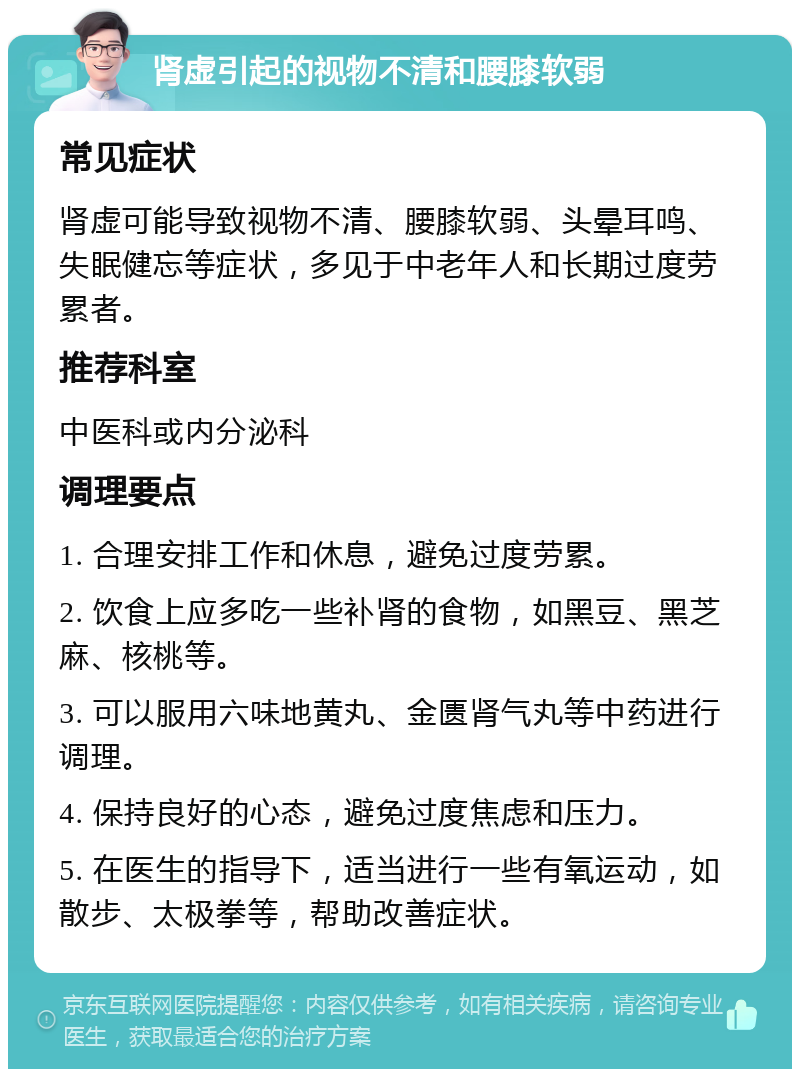 肾虚引起的视物不清和腰膝软弱 常见症状 肾虚可能导致视物不清、腰膝软弱、头晕耳鸣、失眠健忘等症状，多见于中老年人和长期过度劳累者。 推荐科室 中医科或内分泌科 调理要点 1. 合理安排工作和休息，避免过度劳累。 2. 饮食上应多吃一些补肾的食物，如黑豆、黑芝麻、核桃等。 3. 可以服用六味地黄丸、金匮肾气丸等中药进行调理。 4. 保持良好的心态，避免过度焦虑和压力。 5. 在医生的指导下，适当进行一些有氧运动，如散步、太极拳等，帮助改善症状。