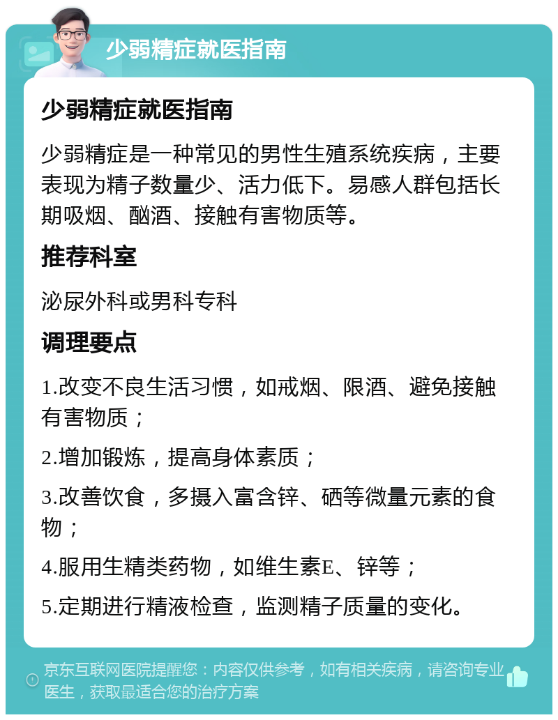 少弱精症就医指南 少弱精症就医指南 少弱精症是一种常见的男性生殖系统疾病，主要表现为精子数量少、活力低下。易感人群包括长期吸烟、酗酒、接触有害物质等。 推荐科室 泌尿外科或男科专科 调理要点 1.改变不良生活习惯，如戒烟、限酒、避免接触有害物质； 2.增加锻炼，提高身体素质； 3.改善饮食，多摄入富含锌、硒等微量元素的食物； 4.服用生精类药物，如维生素E、锌等； 5.定期进行精液检查，监测精子质量的变化。