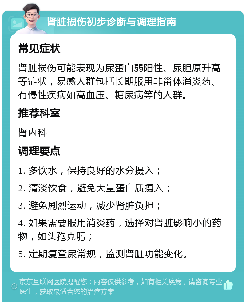 肾脏损伤初步诊断与调理指南 常见症状 肾脏损伤可能表现为尿蛋白弱阳性、尿胆原升高等症状，易感人群包括长期服用非甾体消炎药、有慢性疾病如高血压、糖尿病等的人群。 推荐科室 肾内科 调理要点 1. 多饮水，保持良好的水分摄入； 2. 清淡饮食，避免大量蛋白质摄入； 3. 避免剧烈运动，减少肾脏负担； 4. 如果需要服用消炎药，选择对肾脏影响小的药物，如头孢克肟； 5. 定期复查尿常规，监测肾脏功能变化。