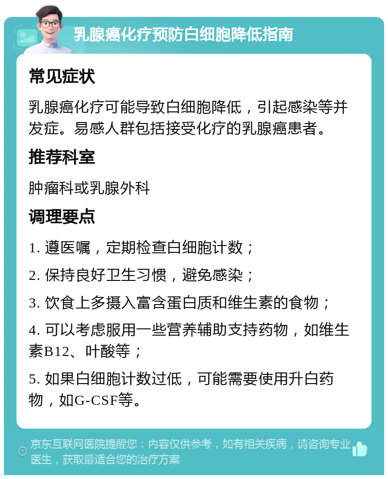 乳腺癌化疗预防白细胞降低指南 常见症状 乳腺癌化疗可能导致白细胞降低，引起感染等并发症。易感人群包括接受化疗的乳腺癌患者。 推荐科室 肿瘤科或乳腺外科 调理要点 1. 遵医嘱，定期检查白细胞计数； 2. 保持良好卫生习惯，避免感染； 3. 饮食上多摄入富含蛋白质和维生素的食物； 4. 可以考虑服用一些营养辅助支持药物，如维生素B12、叶酸等； 5. 如果白细胞计数过低，可能需要使用升白药物，如G-CSF等。