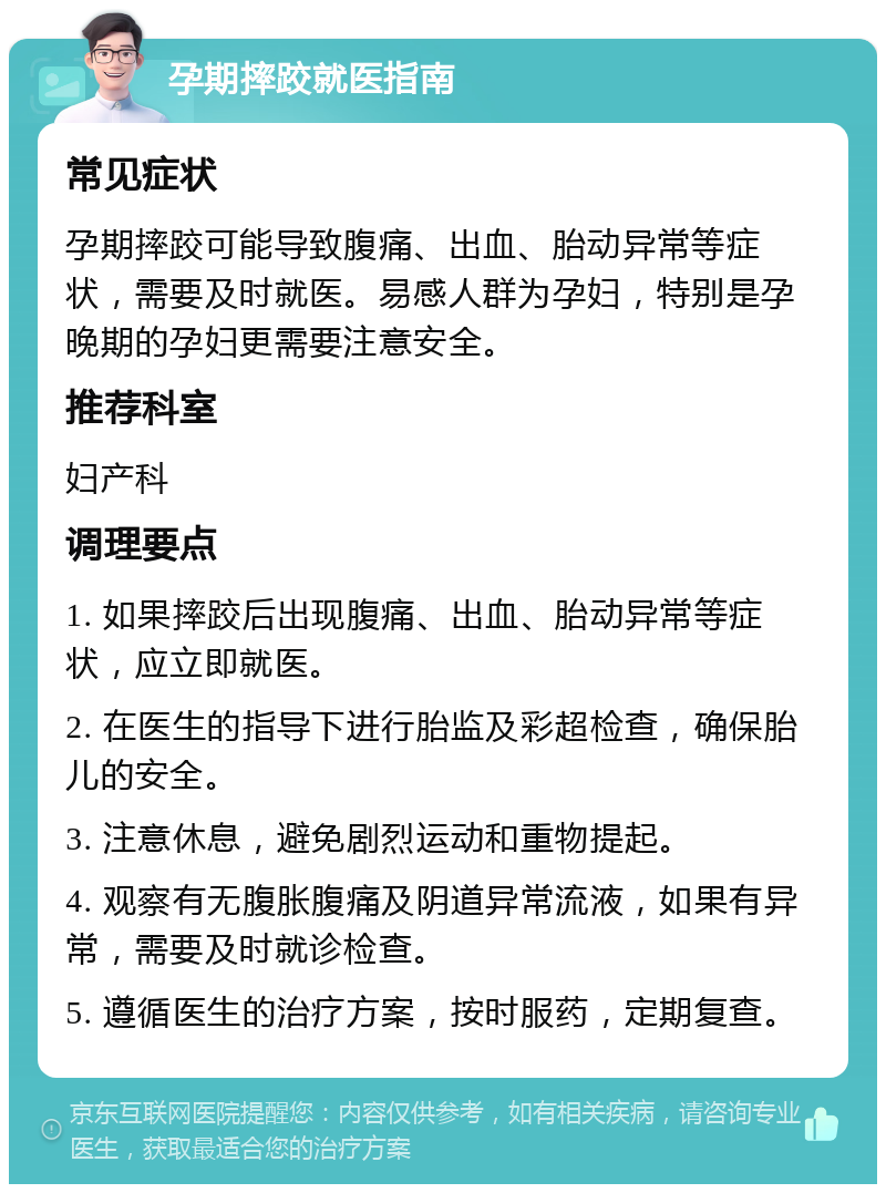 孕期摔跤就医指南 常见症状 孕期摔跤可能导致腹痛、出血、胎动异常等症状，需要及时就医。易感人群为孕妇，特别是孕晚期的孕妇更需要注意安全。 推荐科室 妇产科 调理要点 1. 如果摔跤后出现腹痛、出血、胎动异常等症状，应立即就医。 2. 在医生的指导下进行胎监及彩超检查，确保胎儿的安全。 3. 注意休息，避免剧烈运动和重物提起。 4. 观察有无腹胀腹痛及阴道异常流液，如果有异常，需要及时就诊检查。 5. 遵循医生的治疗方案，按时服药，定期复查。