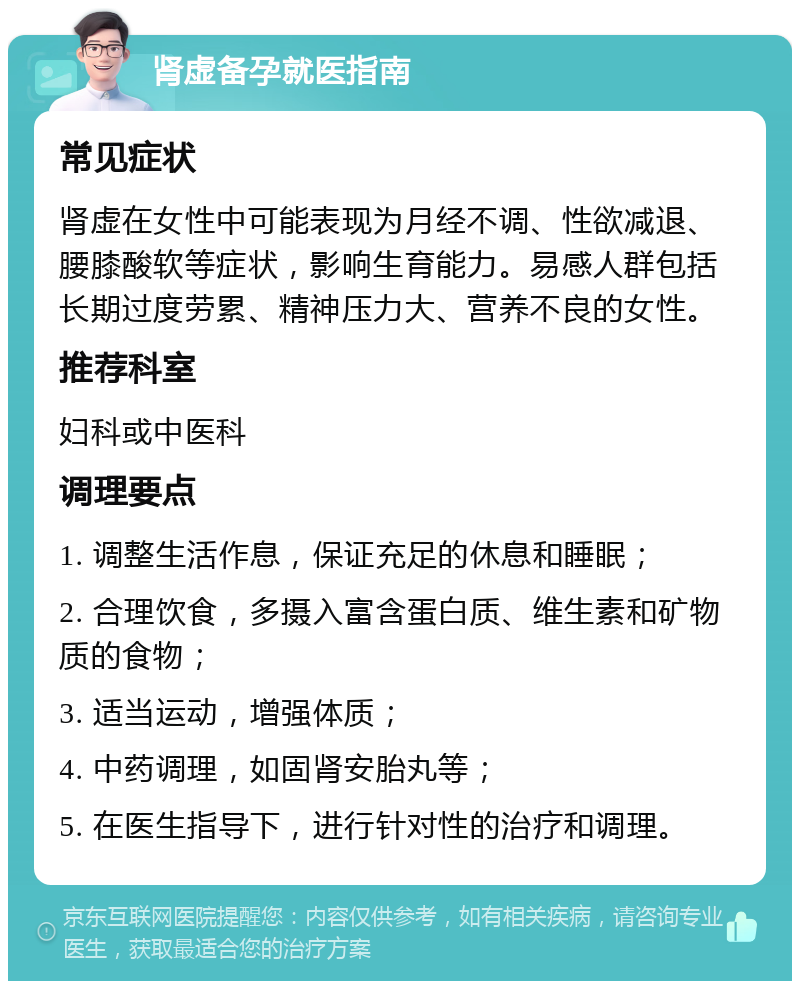 肾虚备孕就医指南 常见症状 肾虚在女性中可能表现为月经不调、性欲减退、腰膝酸软等症状，影响生育能力。易感人群包括长期过度劳累、精神压力大、营养不良的女性。 推荐科室 妇科或中医科 调理要点 1. 调整生活作息，保证充足的休息和睡眠； 2. 合理饮食，多摄入富含蛋白质、维生素和矿物质的食物； 3. 适当运动，增强体质； 4. 中药调理，如固肾安胎丸等； 5. 在医生指导下，进行针对性的治疗和调理。