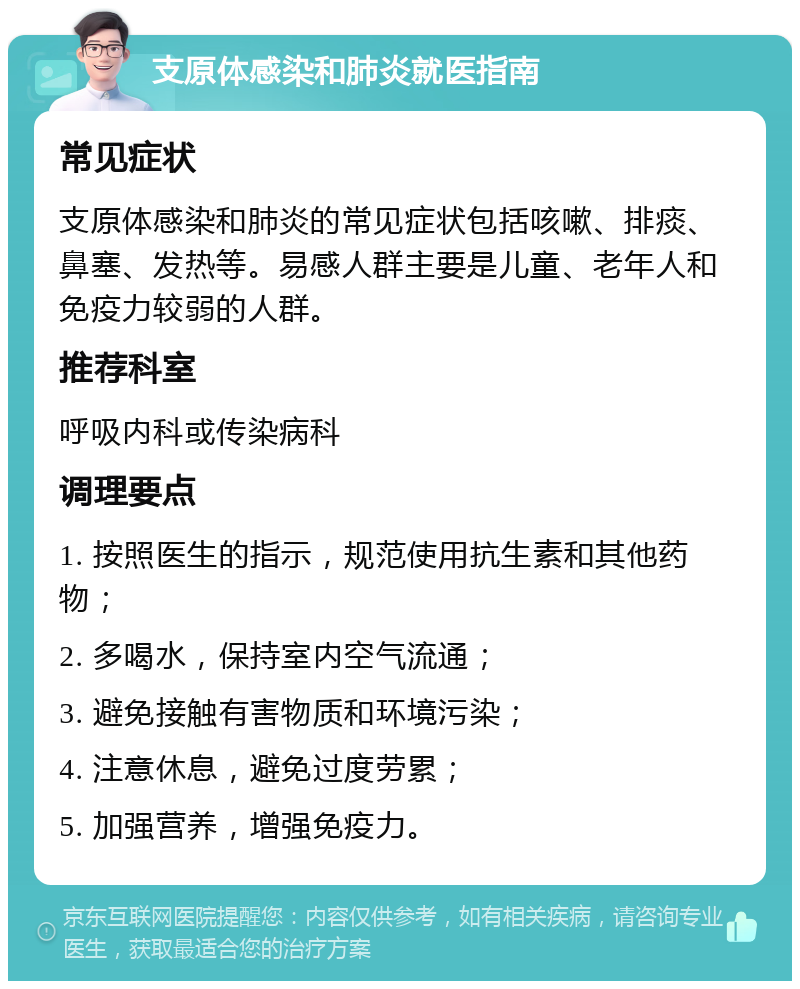 支原体感染和肺炎就医指南 常见症状 支原体感染和肺炎的常见症状包括咳嗽、排痰、鼻塞、发热等。易感人群主要是儿童、老年人和免疫力较弱的人群。 推荐科室 呼吸内科或传染病科 调理要点 1. 按照医生的指示，规范使用抗生素和其他药物； 2. 多喝水，保持室内空气流通； 3. 避免接触有害物质和环境污染； 4. 注意休息，避免过度劳累； 5. 加强营养，增强免疫力。