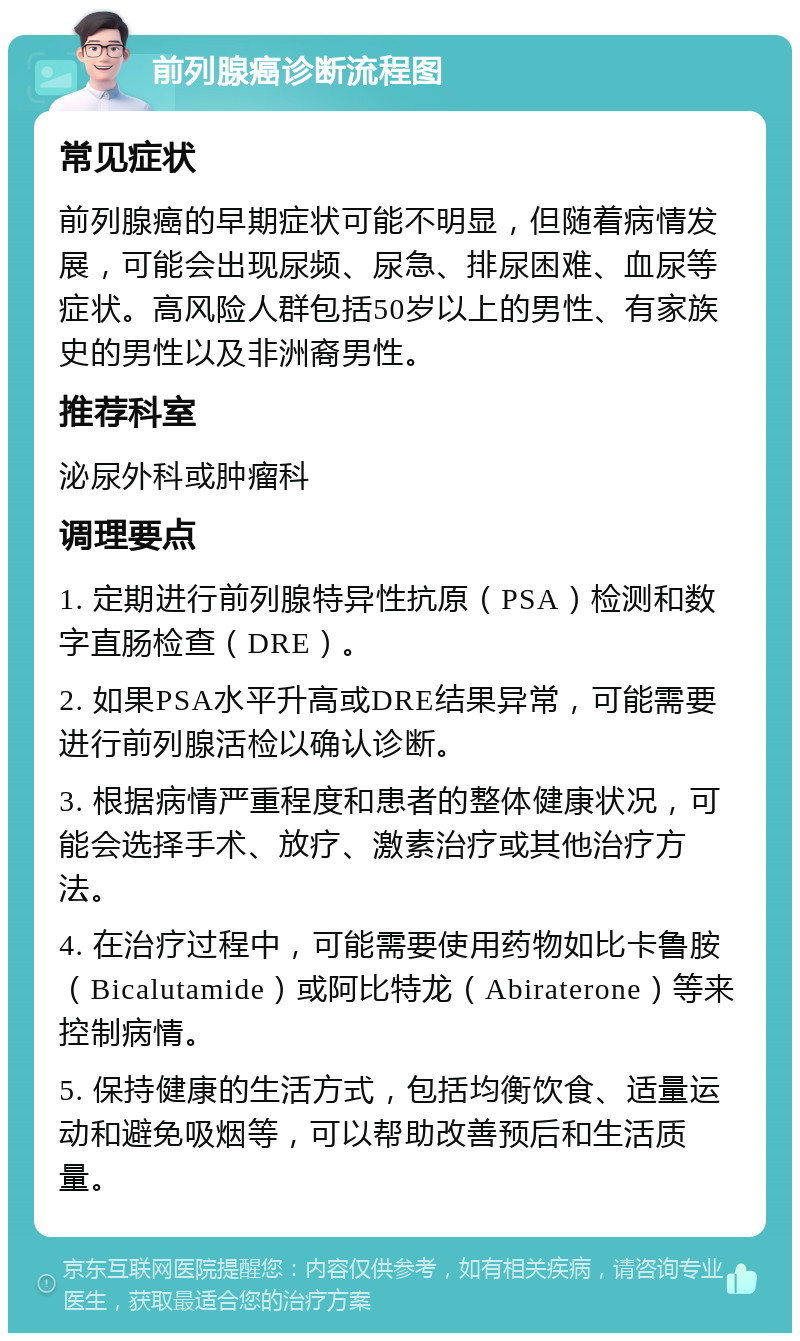 前列腺癌诊断流程图 常见症状 前列腺癌的早期症状可能不明显，但随着病情发展，可能会出现尿频、尿急、排尿困难、血尿等症状。高风险人群包括50岁以上的男性、有家族史的男性以及非洲裔男性。 推荐科室 泌尿外科或肿瘤科 调理要点 1. 定期进行前列腺特异性抗原（PSA）检测和数字直肠检查（DRE）。 2. 如果PSA水平升高或DRE结果异常，可能需要进行前列腺活检以确认诊断。 3. 根据病情严重程度和患者的整体健康状况，可能会选择手术、放疗、激素治疗或其他治疗方法。 4. 在治疗过程中，可能需要使用药物如比卡鲁胺（Bicalutamide）或阿比特龙（Abiraterone）等来控制病情。 5. 保持健康的生活方式，包括均衡饮食、适量运动和避免吸烟等，可以帮助改善预后和生活质量。