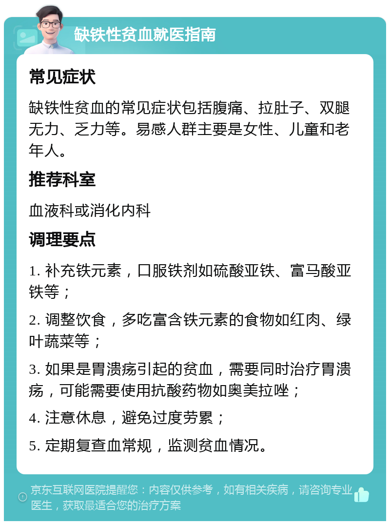 缺铁性贫血就医指南 常见症状 缺铁性贫血的常见症状包括腹痛、拉肚子、双腿无力、乏力等。易感人群主要是女性、儿童和老年人。 推荐科室 血液科或消化内科 调理要点 1. 补充铁元素，口服铁剂如硫酸亚铁、富马酸亚铁等； 2. 调整饮食，多吃富含铁元素的食物如红肉、绿叶蔬菜等； 3. 如果是胃溃疡引起的贫血，需要同时治疗胃溃疡，可能需要使用抗酸药物如奥美拉唑； 4. 注意休息，避免过度劳累； 5. 定期复查血常规，监测贫血情况。