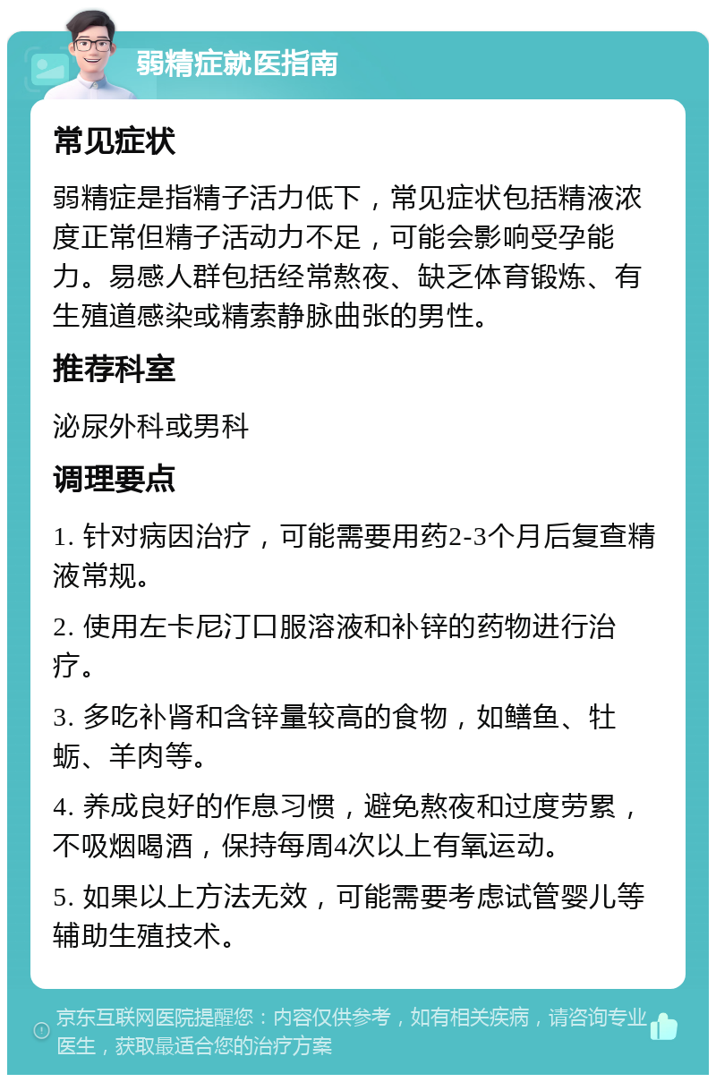 弱精症就医指南 常见症状 弱精症是指精子活力低下，常见症状包括精液浓度正常但精子活动力不足，可能会影响受孕能力。易感人群包括经常熬夜、缺乏体育锻炼、有生殖道感染或精索静脉曲张的男性。 推荐科室 泌尿外科或男科 调理要点 1. 针对病因治疗，可能需要用药2-3个月后复查精液常规。 2. 使用左卡尼汀口服溶液和补锌的药物进行治疗。 3. 多吃补肾和含锌量较高的食物，如鳝鱼、牡蛎、羊肉等。 4. 养成良好的作息习惯，避免熬夜和过度劳累，不吸烟喝酒，保持每周4次以上有氧运动。 5. 如果以上方法无效，可能需要考虑试管婴儿等辅助生殖技术。