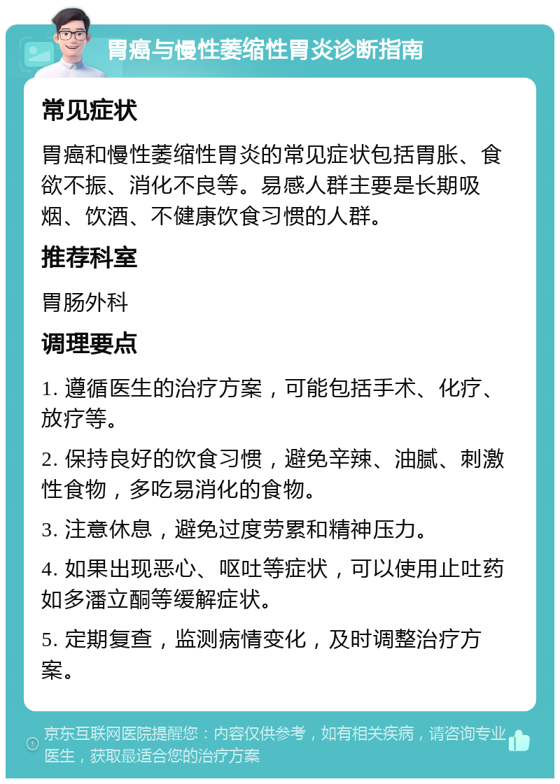 胃癌与慢性萎缩性胃炎诊断指南 常见症状 胃癌和慢性萎缩性胃炎的常见症状包括胃胀、食欲不振、消化不良等。易感人群主要是长期吸烟、饮酒、不健康饮食习惯的人群。 推荐科室 胃肠外科 调理要点 1. 遵循医生的治疗方案，可能包括手术、化疗、放疗等。 2. 保持良好的饮食习惯，避免辛辣、油腻、刺激性食物，多吃易消化的食物。 3. 注意休息，避免过度劳累和精神压力。 4. 如果出现恶心、呕吐等症状，可以使用止吐药如多潘立酮等缓解症状。 5. 定期复查，监测病情变化，及时调整治疗方案。