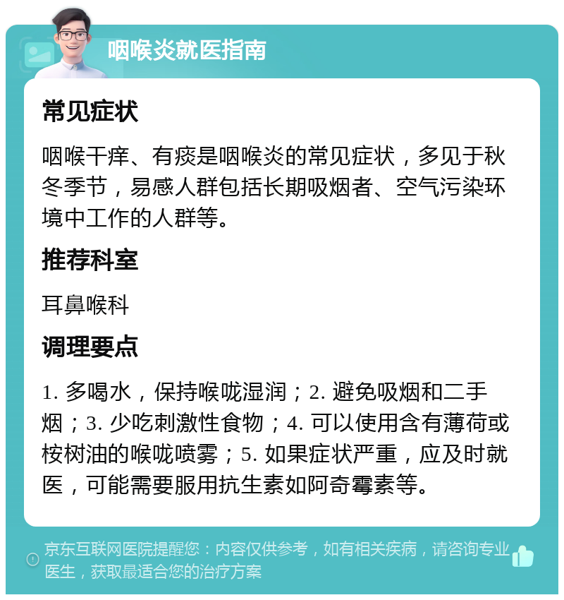 咽喉炎就医指南 常见症状 咽喉干痒、有痰是咽喉炎的常见症状，多见于秋冬季节，易感人群包括长期吸烟者、空气污染环境中工作的人群等。 推荐科室 耳鼻喉科 调理要点 1. 多喝水，保持喉咙湿润；2. 避免吸烟和二手烟；3. 少吃刺激性食物；4. 可以使用含有薄荷或桉树油的喉咙喷雾；5. 如果症状严重，应及时就医，可能需要服用抗生素如阿奇霉素等。