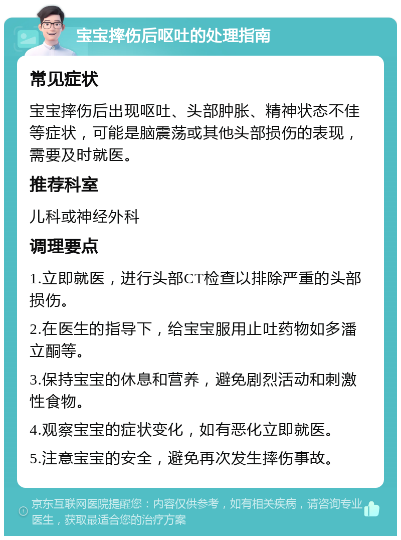 宝宝摔伤后呕吐的处理指南 常见症状 宝宝摔伤后出现呕吐、头部肿胀、精神状态不佳等症状，可能是脑震荡或其他头部损伤的表现，需要及时就医。 推荐科室 儿科或神经外科 调理要点 1.立即就医，进行头部CT检查以排除严重的头部损伤。 2.在医生的指导下，给宝宝服用止吐药物如多潘立酮等。 3.保持宝宝的休息和营养，避免剧烈活动和刺激性食物。 4.观察宝宝的症状变化，如有恶化立即就医。 5.注意宝宝的安全，避免再次发生摔伤事故。